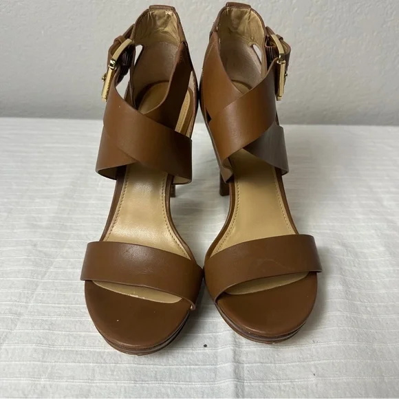 Michael Kors Brown Leather Strappy Stiletto Heels gold hardware - Picture 5 of 16